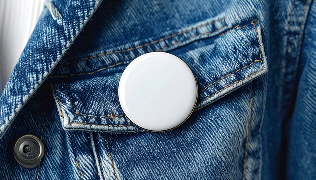 Close-up of a white blank button pin affixed to the denim jacket's pocket