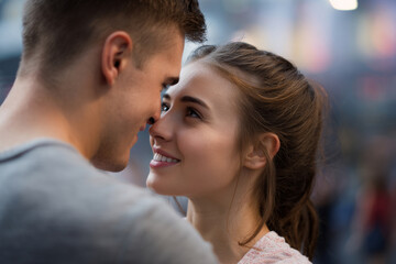 Fototapeta premium Close up of young couple faces close together while dancing, warm smiles, soft daylight, blurred urban background in clean