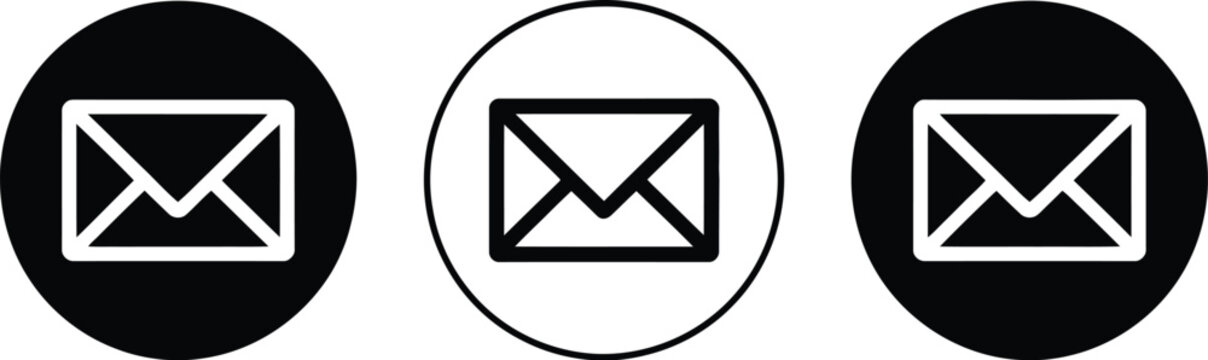 Envelope icons set, three stylized black and white mail envelope symbols for messaging email communication and digital interface design.