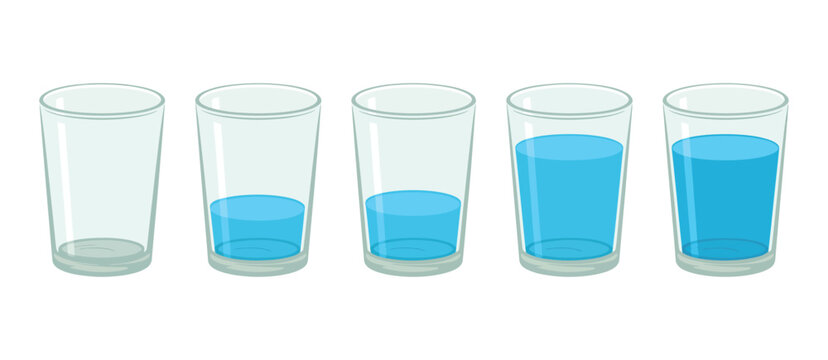 Set of five glasses of water with different filling levels from empty to full, hydration stages and liquid measurement concept, clean vector illustration.