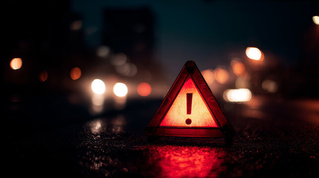 Warning sign placed on wet asphalt road at night, signaling an urgent roadside emergency, danger, or vehicle breakdown