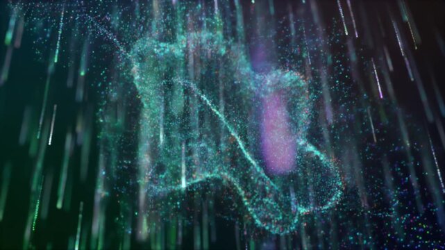 Abstract digital particle shape glowing in futuristic tech environment with data rain background