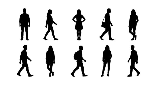 Black silhouettes of people walking and standing, set of 10 diverse human figures in various poses, flat vector collection of men and women
