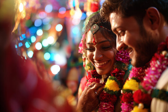 Bride placing garland on groom during varmala ceremony, colorful flowers, joyful smiles, festive background lights