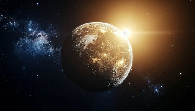 SF映画のような壮大さを与える、恒星の光に照らされた未知の惑星と星雲の宇宙背景