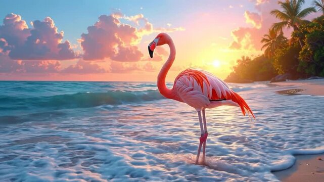 A beautiful pink bird stands on a sandy beach near the ocean at sunset