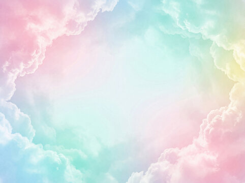 Soft pastel colored clouds framing a bright central area in a dreamy sky background, perfect for gentle designs.