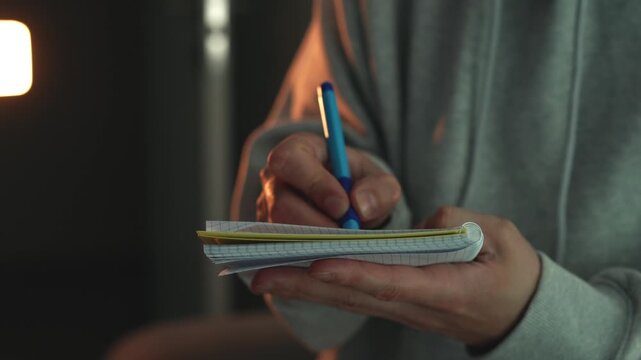 Close-up of a person writing notes in a notebook with a pen in a cozy evening room. Concept of productivity, planning, creativity, and personal organization. Warm indoor lighting, calm atmosphere.