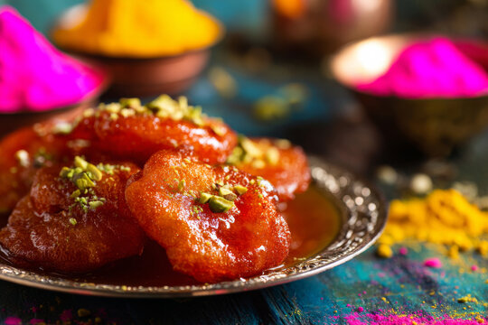 Close up of freshly fried malpua soaked in syrup with pistachio garnish served on festive plate with colorful holi powders nearby, detailed texture in professional