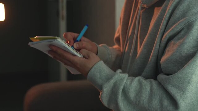 Close-up of a person writing notes in a notebook with a pen in a cozy evening room. Concept of productivity, planning, creativity, and personal organization. Warm indoor lighting, calm atmosphere.