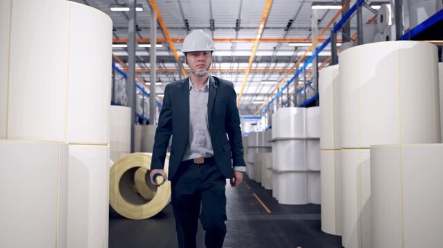 Front View of Asian Businessman Holding Blueprint While Walking at Warehouse with Rows of Stacked White Polymer and Paper Rolls