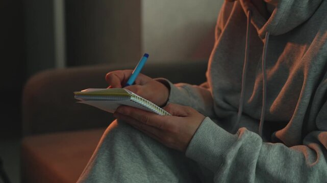 Person making notes and writing ideas in a notebook during evening time. Focus on planning, studying, brainstorming, and creative thinking in a home environment. Close-up shot with soft light.