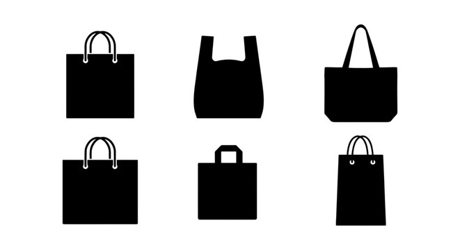 Minimalist shopping bag icons set, black silhouette retail carrier bags, 6 vector elements for e-commerce and grocery store packaging design