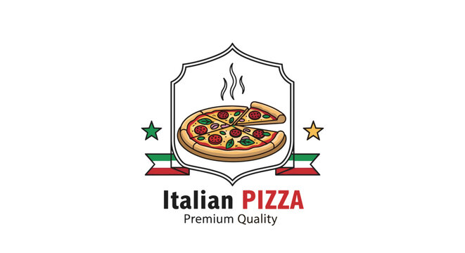 Premium quality italian pizza logo featuring a classic pizza in a shield frame with green and red flag ribbons.