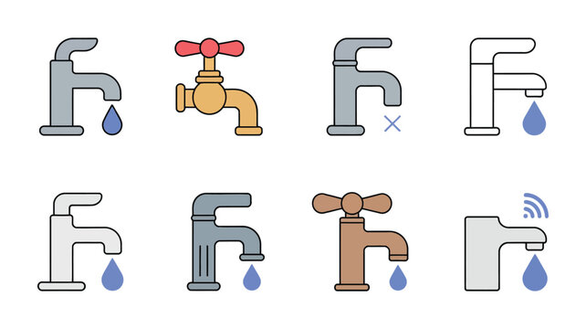 Set of various modern and retro water faucet and tap icons, plumbing and water conservation symbols, clean vector illustration set.
