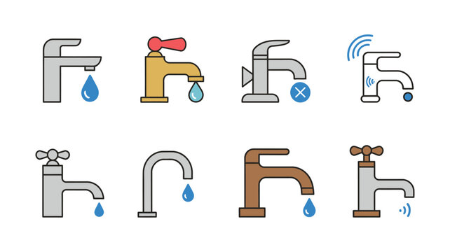 Set of various modern and retro water faucet and tap icons, plumbing and water conservation symbols, clean vector illustration set.