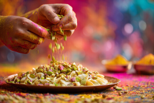 Indian hands sprinkling chopped pistachios on malpua dessert prepared for holi celebration, vibrant festive colors in background
