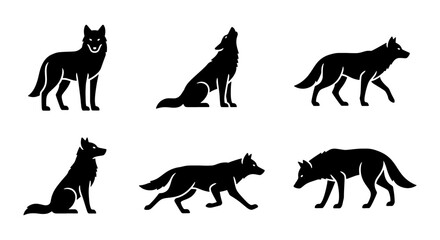 Wolf silhouette vector set, black wild animal icons in various poses, 6 howling and walking timber wolf graphics, minimalist forest predator illustrations © Md
