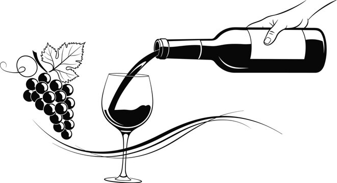 Artistic black and white illustration showing red wine pouring from a bottle into a glass with a bunch of grapes and decorative swirls.
