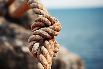 Fototapeta premium Thick, weathered rope with a secure knot, symbolizing strength, resilience, and connection against a blurred seascape background