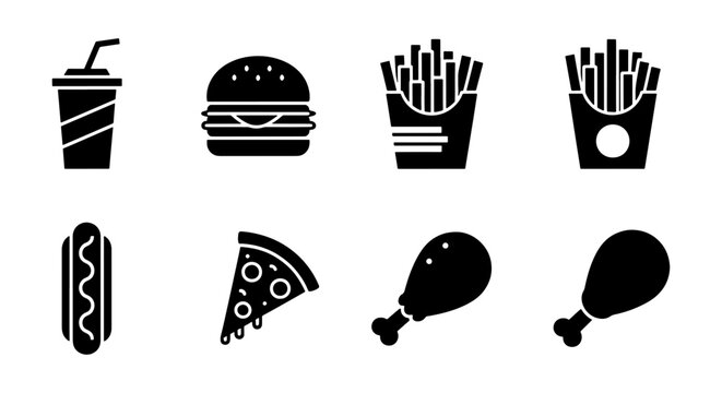 Fast food icon set with 8 black solid vector elements, junk food symbols including burger and fries, restaurant menu flat silhouettes for web design
