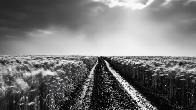 Black and white dramatic wheat field with dirt path beneath a foreboding sky and sun rays filtering through