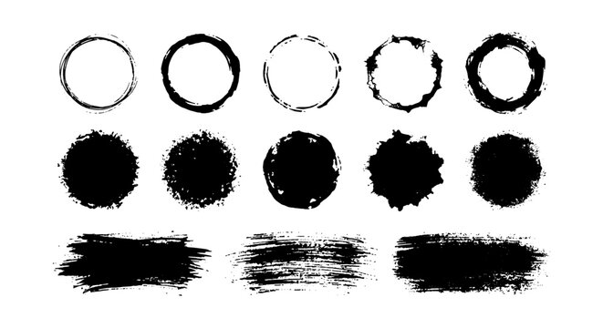 Grunge black ink brush strokes and circle frames, set of 13 hand drawn paint splatters and textures, distressed artistic vector elements for design