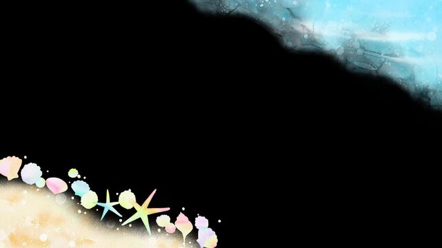 パステルカラーの貝殻が綺麗な浜辺と海の背景の&alpha;付きループアニメーション。夏の水彩フレーム。	