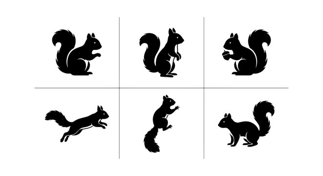 Black squirrel silhouette collection, set of 6 minimalist squirrel vector icons, forest animal silhouettes in various poses for nature branding and logos