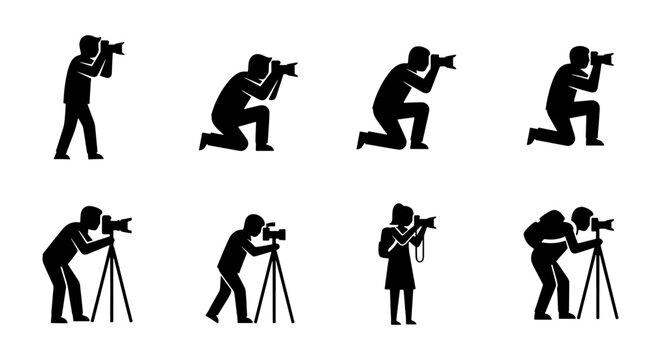 Photographer silhouette icons set, professional cameraman with tripod and DSLR camera, photography industry symbols for web and graphic design