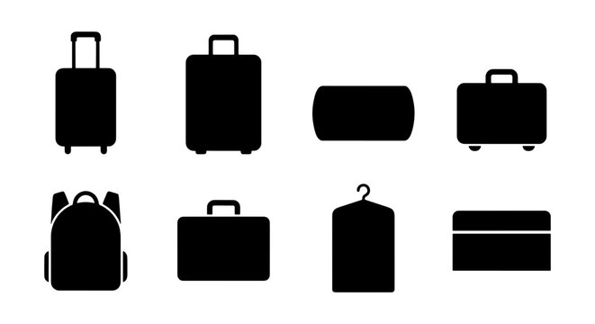 Travel luggage silhouette icons set, black suitcase and backpack vector elements, 8 baggage and garment bag symbols for tourism and vacation