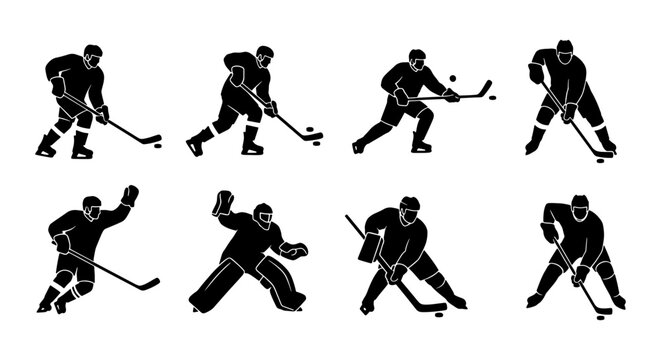 Ice hockey player silhouettes set, 8 black vector icons of athletes in action, professional hockey goalie and skaters with sticks and pucks