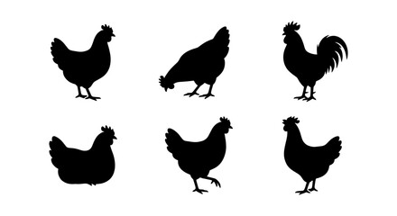 Black chicken silhouette collection, set of 6 farm bird vector icons, rooster and hen silhouettes for organic food branding and farm signage © Tanzila