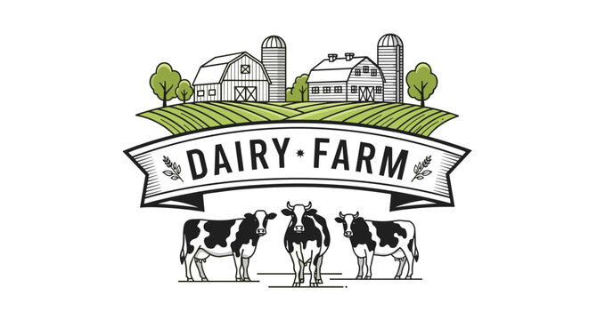 Dairy farm logo design features three spotted cows standing in front of a rural landscape with traditional barns and silos on a white background.