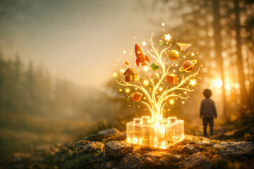 Obraz premium Playday national celebration concept glowing building block foundation with tree of light, woodland adventures, children's development, playworkers and play centres awareness August event