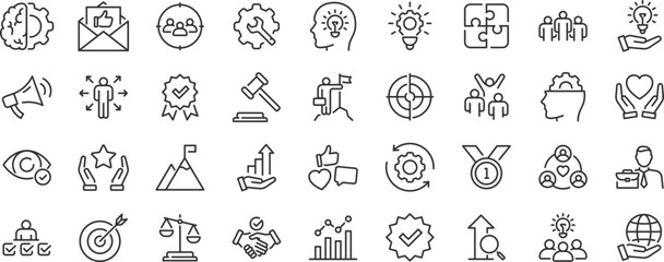 Core Values web icon set. Innovation, integrity, customers, accountability, teamwork, goals, motivation collection. Editable stroke. Vector © Ria