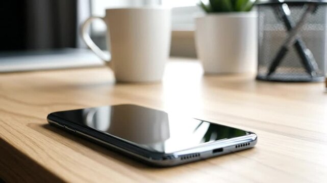 Smartphone resting on wooden desk with coffee mug, potted plant, and pen holder in background