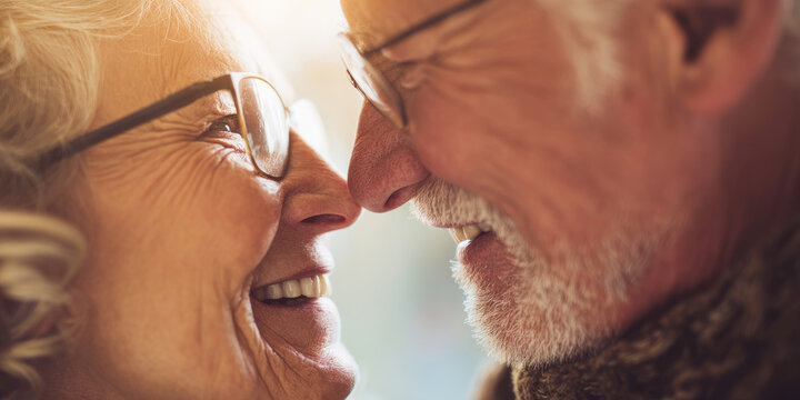 Senior grandparents couple sharing a warm affectionate look, soft sunlight, natural authentic emotion