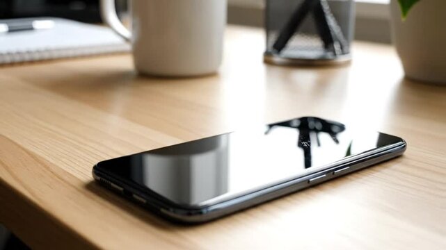 Close up view of a smartphone lying flat on a wooden desk with a white mug and office supplies.