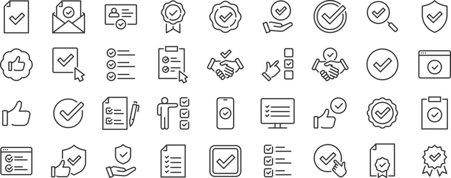 Checkmark and Approved web icon set. Checklist, accepted, stamp, accept, agree, quality control, collection. Editable stroke. Vector