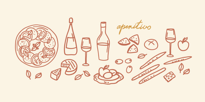 Italian aperitivo with wine, cheese, snacks. Mediterranean food icons. Hand drawn Appetizers, caprese salad, drinks, bread, fruits. Vector illustration on isolated background. Party and picnic 