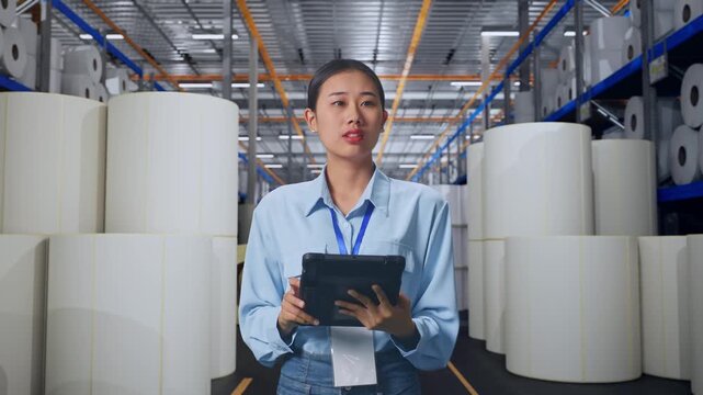 Asian Female With Her Tablet at Warehouse with Rows of Stacked White Polymer and Paper Rolls, She Observes By Looking Around Before She Come To Concentrating With Her Tablet