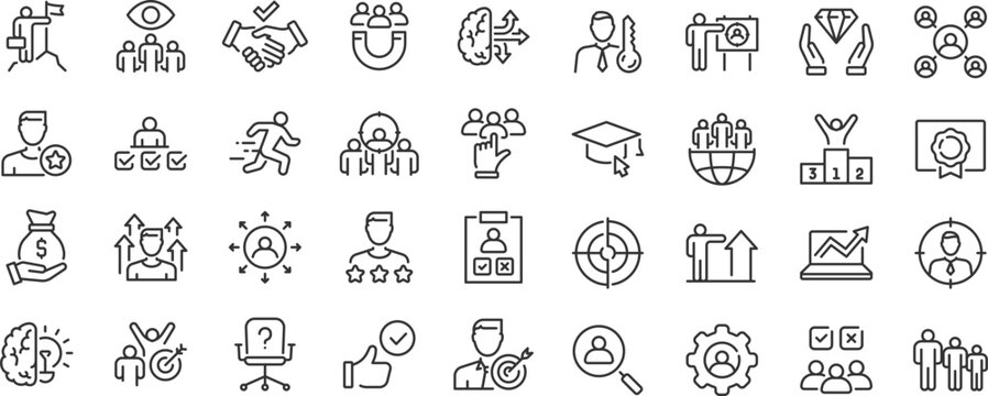 Headhunting web icons. Recruitment, career, resume, work group, candidate, job hiring, collection. Editable stroke. Vector