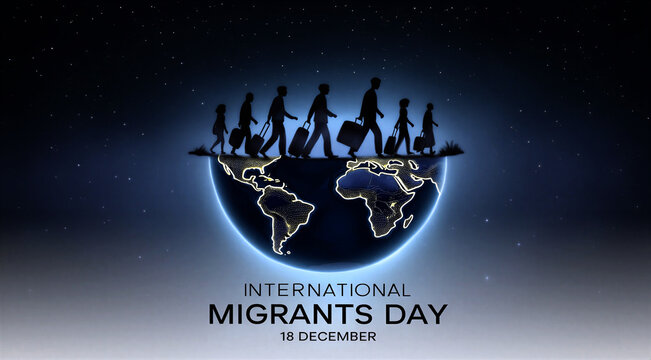 Silhouettes of people with luggage walking on illuminated globe for international migrants day celebration concept