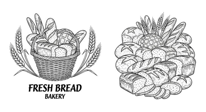 Traditional bakery illustration featuring a basket full of fresh artisan bread loaves and wheat stalks in a classic engraving style.