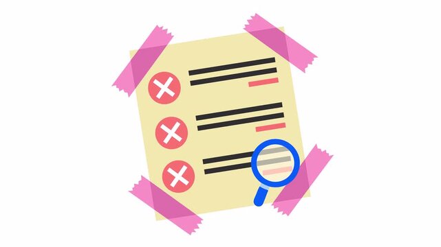 Checklist document with multiple red cross error icons and a magnifying glass in the alpha channel. Failed audit and quality control inspection concept with search symbol. Flat design business report.