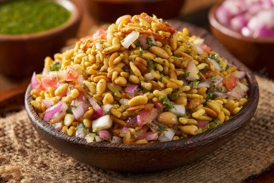 Spicy bhel puri chaat with puffed rice, peanuts, onions and chutneys mixed together, vibrant textures and colors