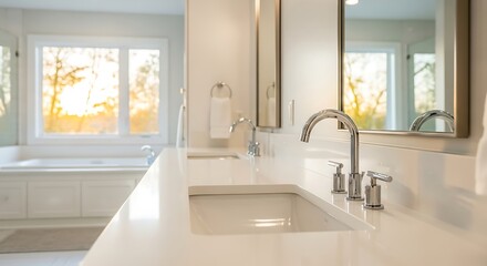 Fototapeta premium Luxurious modern bathroom interior with natural light from a large window and a bathtub featuring a sleek white countertop with double sinks and chrome faucets