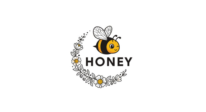 Sweet honey logo featuring a cute cartoon bumblebee and a decorative floral wreath border with elegant black typography on a white background.