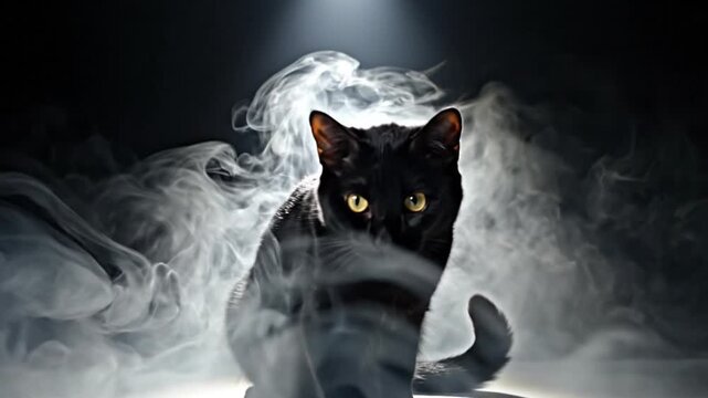 A beautiful black cat with yellow eyes sitting and looking at the camera